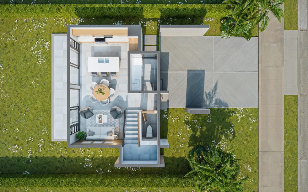 Layout of the first floor of the two-story home in La Guácima, Alajuela, located in Ciudad-Hacienda Los Reyes.