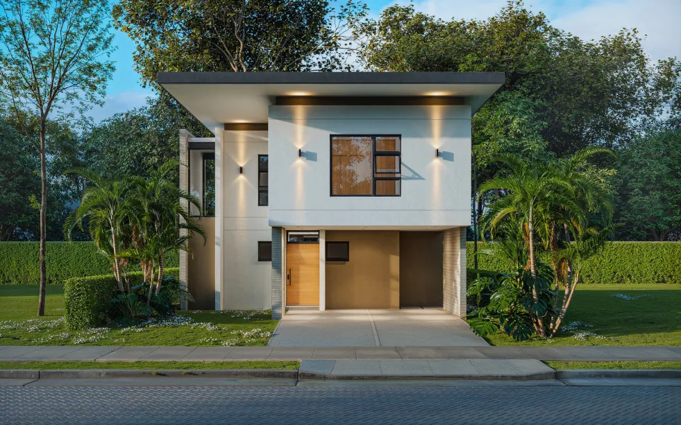 Facade of a two-story home in La Guacima de Alajuela, located in Ciudad-Hacienda Los Reyes.