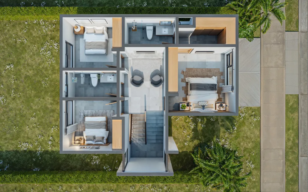 Layout of the second floor of the two-story home in La Guácima, Alajuela, located in Ciudad-Hacienda Los Reyes.